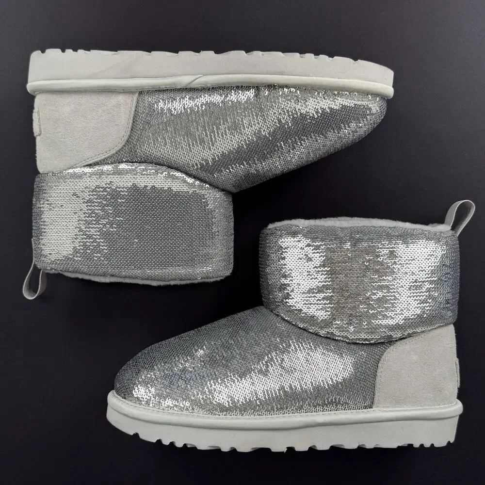 UGG Classic Mini Mirror Ball Women’s 7 Silver Sequin Boots Suede Winter NEW